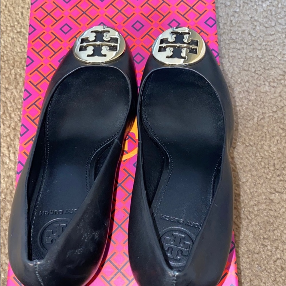 Tory Burch Black Wedges with Gold Accents